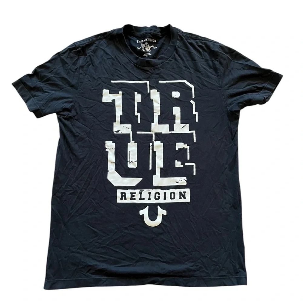 True Religion World Tour Mens Small T-Shirt Black White Logo Graphic Tee